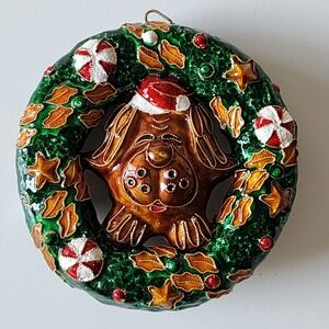 Dog‎ Christmas Ornament Wreath Enameled 4" Tree Decor Dog Lover Puppy Hanging